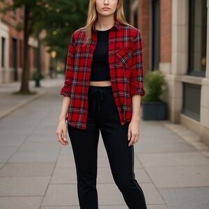Hollister Women’s Red Plaid Flannel Shirt Button Down Long Sleeve XS 100% Cotton